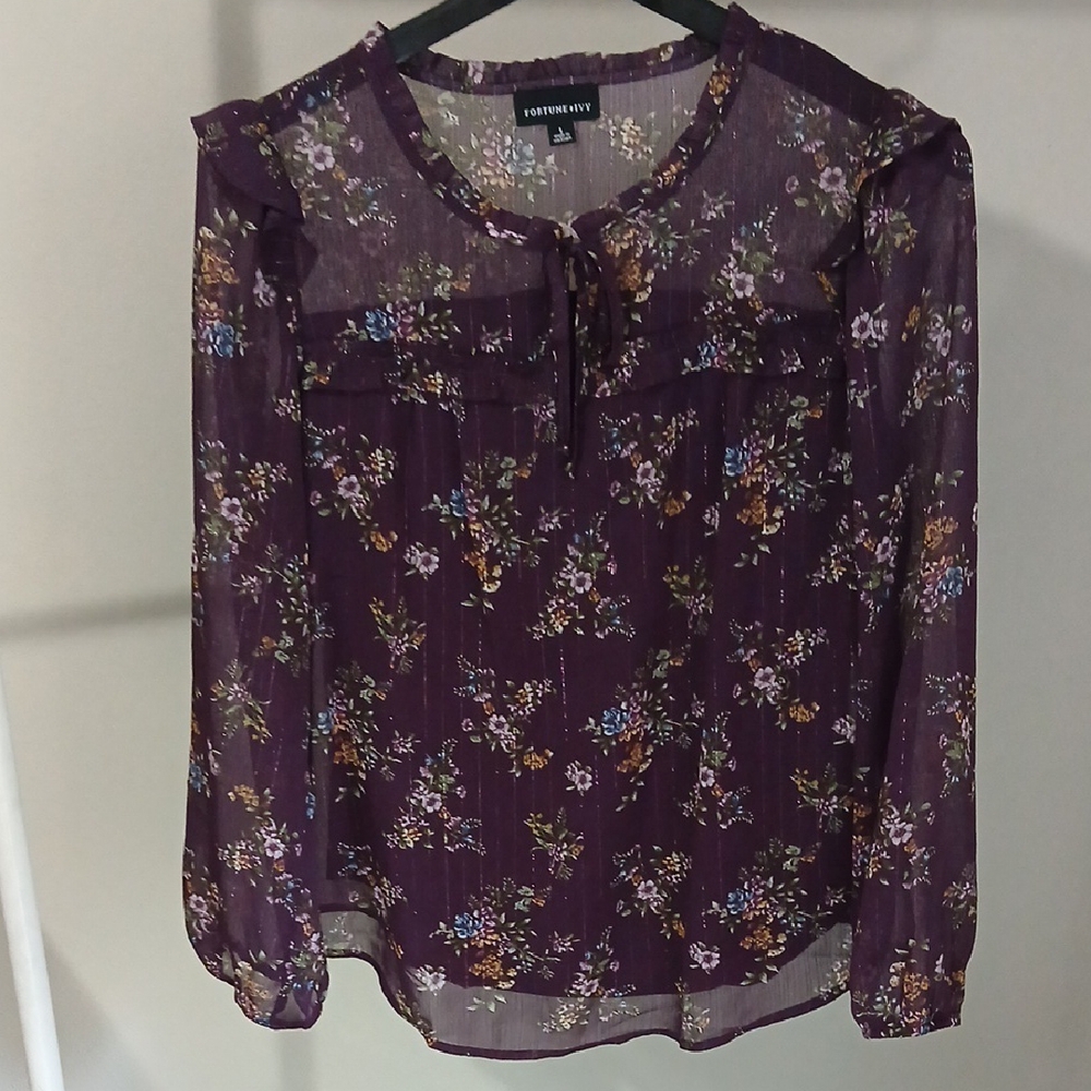 Purple Ruffled Long Sleeve Blouse with Tie Front